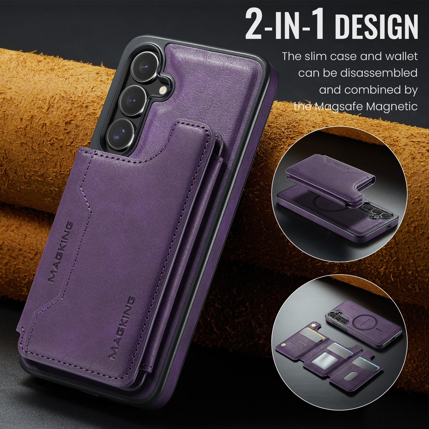2 in 1 Magnetic Leather Wallet Case for Samsung
