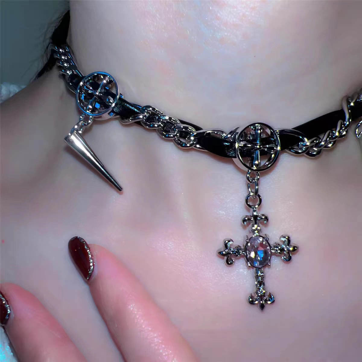 Rivet Cross Leather Necklace