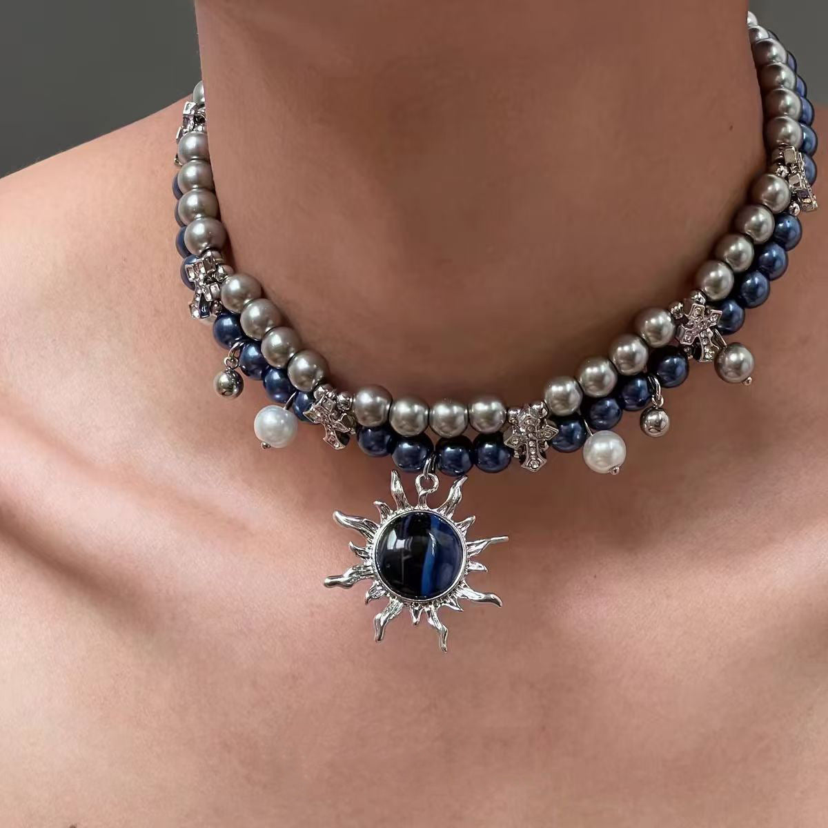 Blazing Sun Cross Double Pearl Necklace