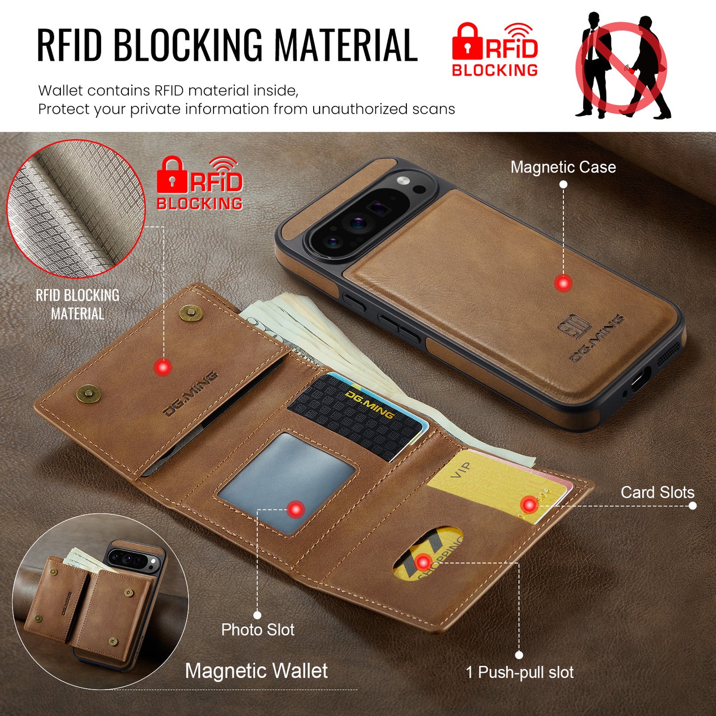 2 in 1 Magnetic Leather Wallet Case for Google Pixel
