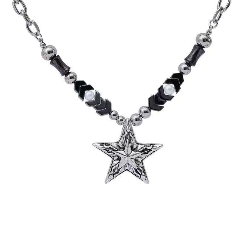 Black Silver Beaded Star Necklace