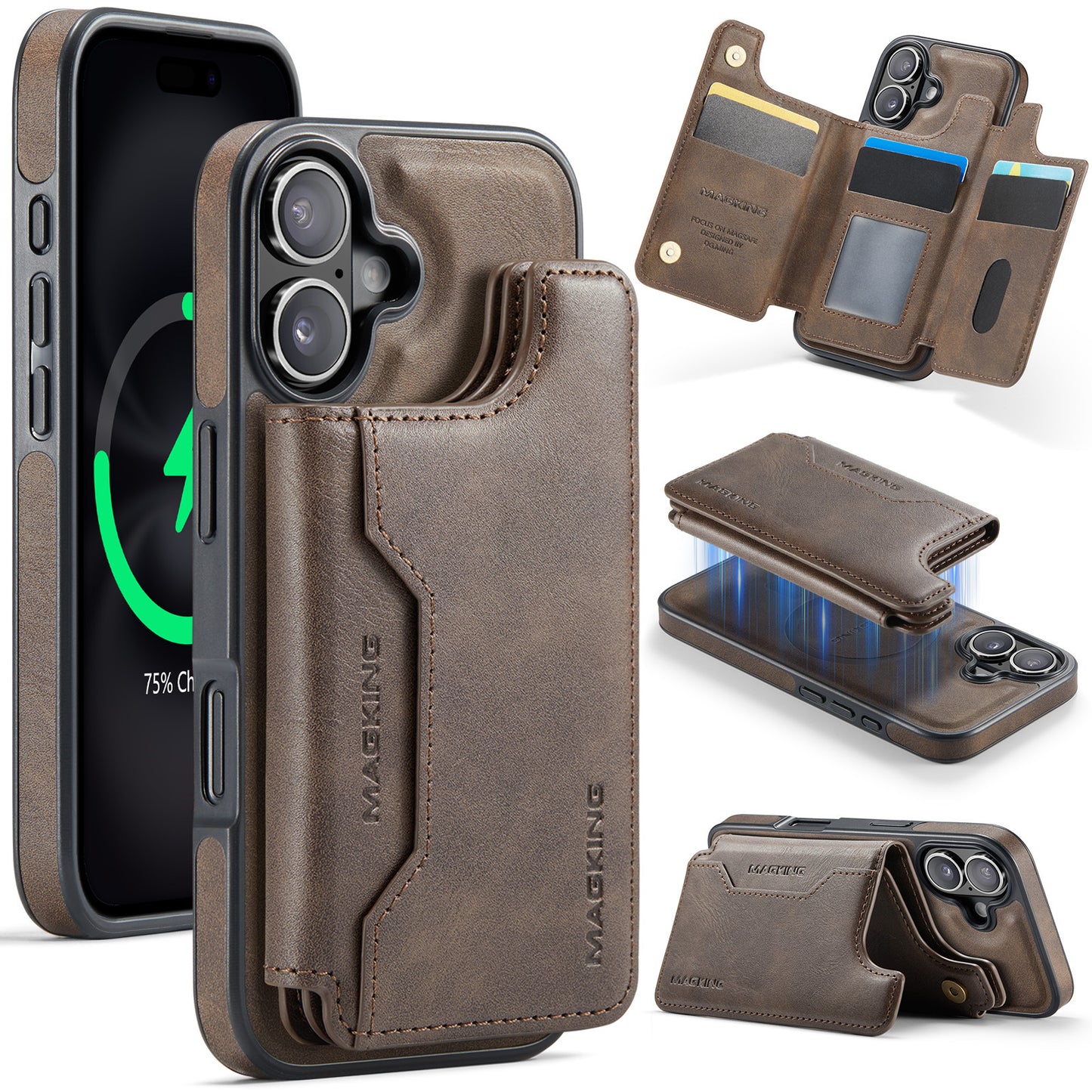 2 in 1 Magnetic Leather Wallet Case for iPhone