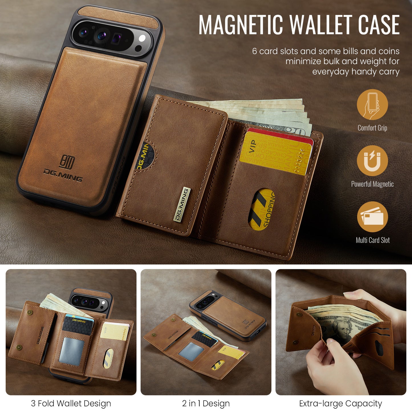 2 in 1 Magnetic Leather Wallet Case for Google Pixel