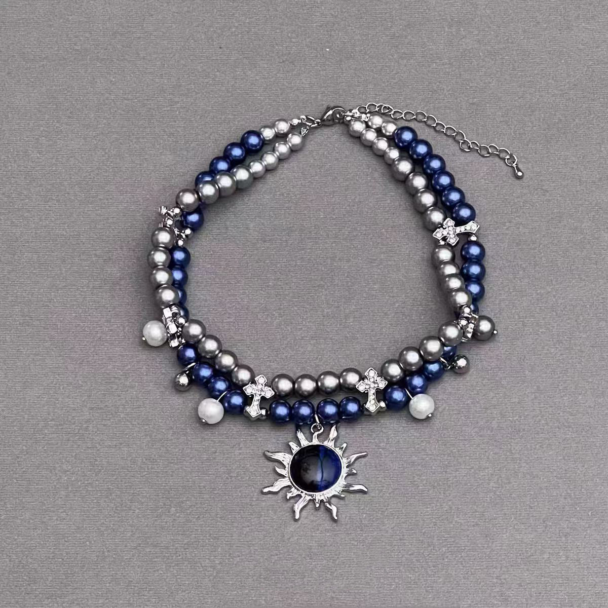 Blazing Sun Cross Double Pearl Necklace