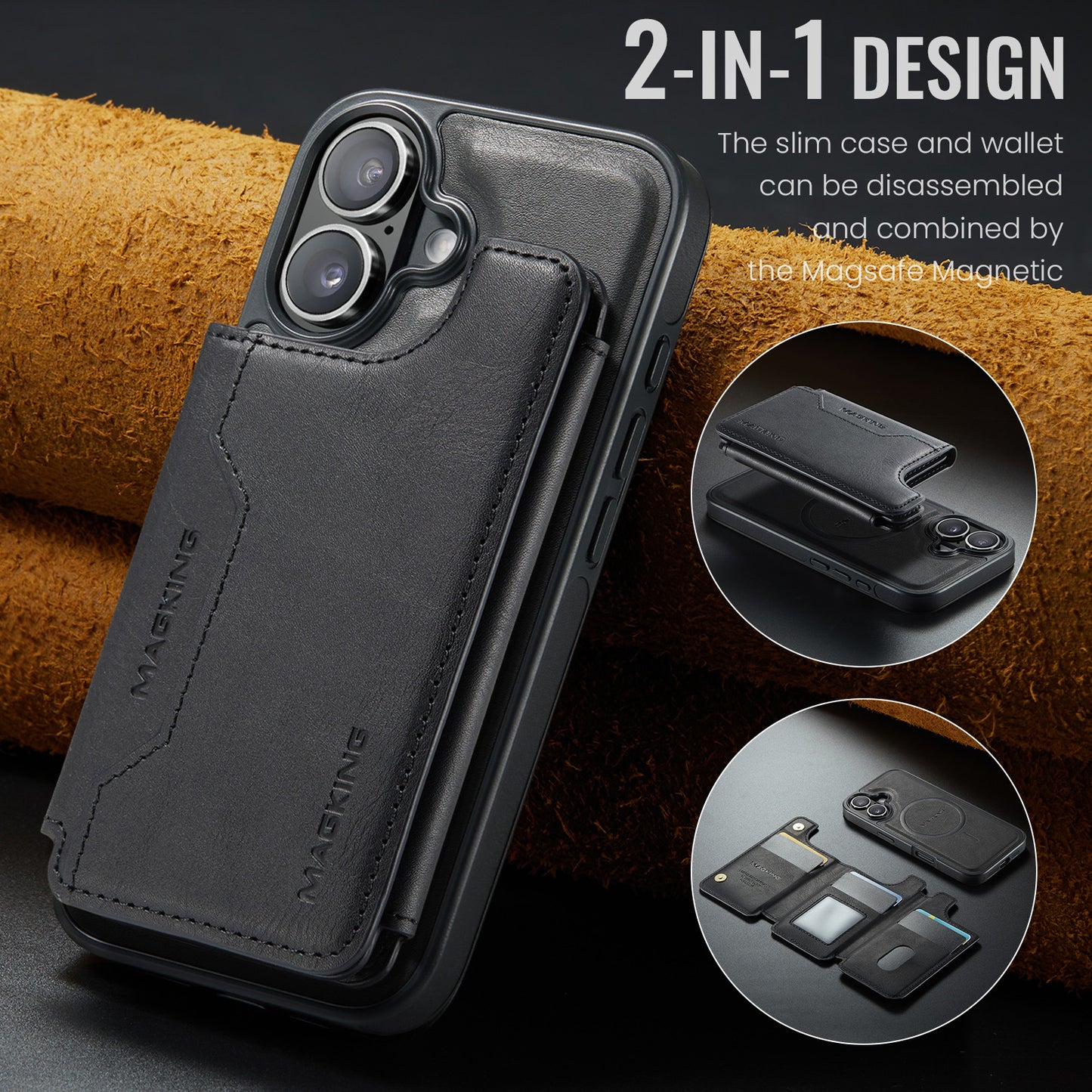 2 in 1 Magnetic Leather Wallet Case for iPhone