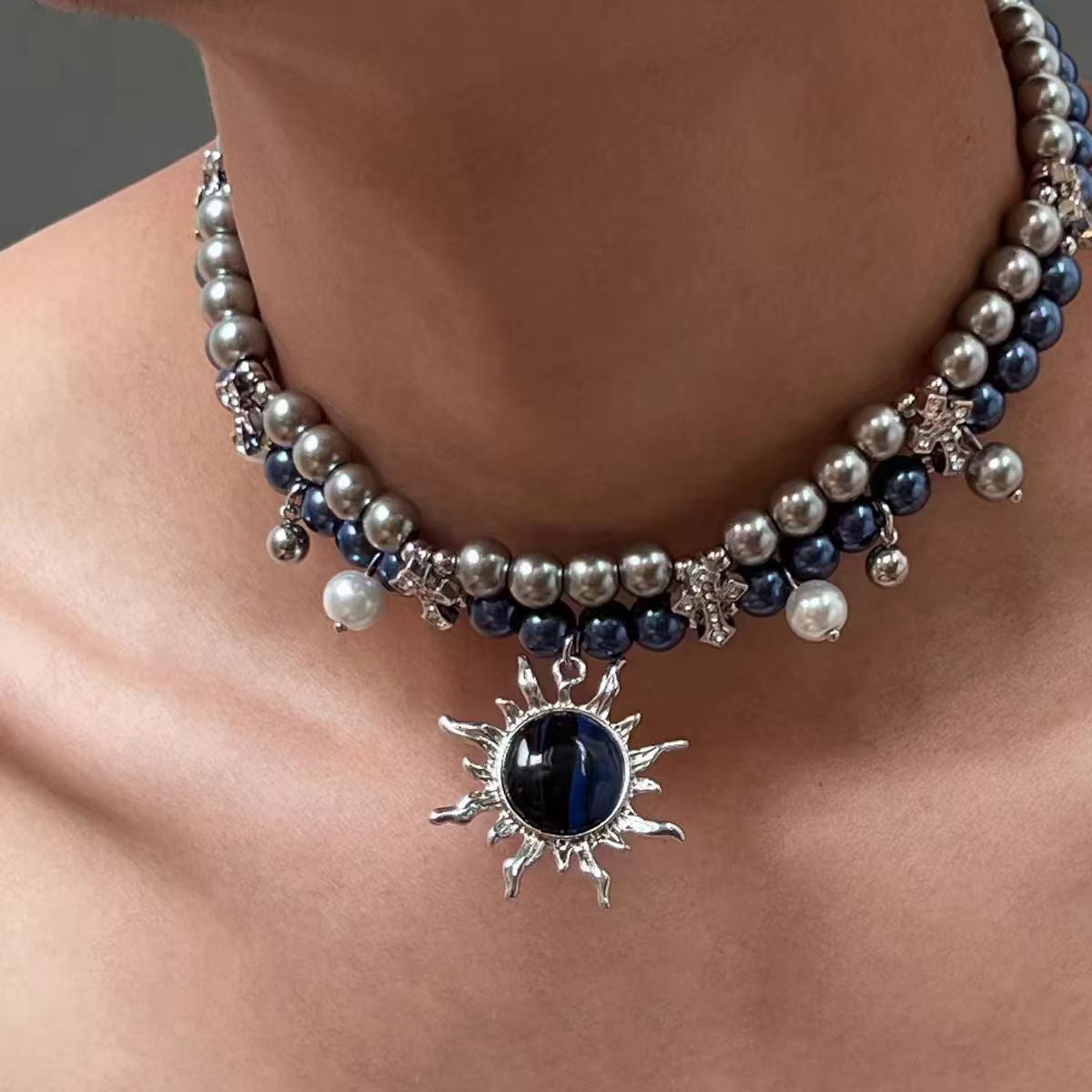 Blazing Sun Cross Double Pearl Necklace