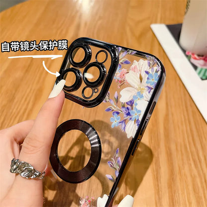 Plating Frame Flower Transparent Case For iPhone