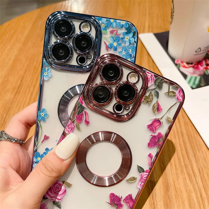 Plating Frame Flower Transparent Case For iPhone