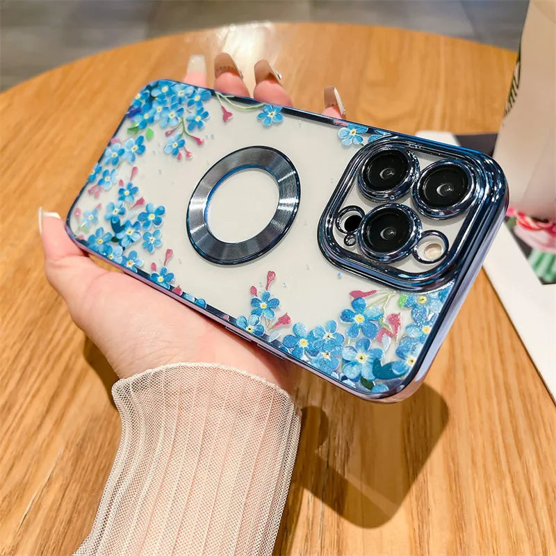 Plating Frame Flower Transparent Case For iPhone