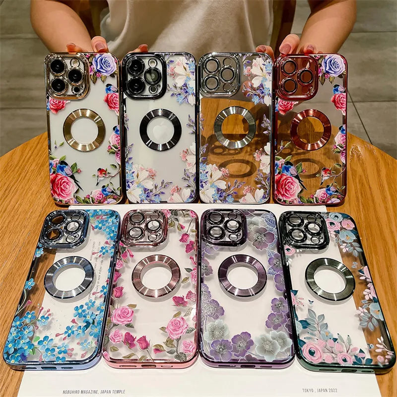 Plating Frame Flower Transparent Case For iPhone