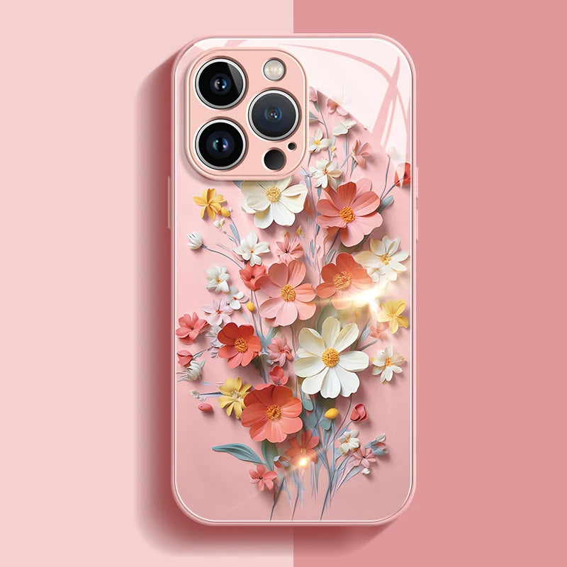 Painted Flower Glass Hard Case for iPhone