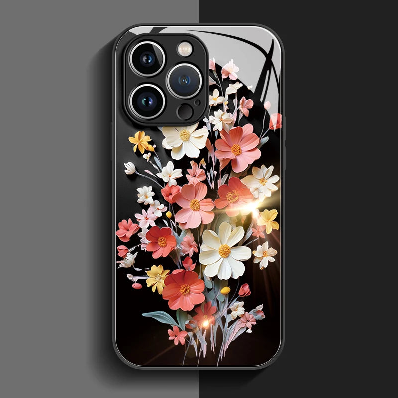 Painted Flower Glass Hard Case for iPhone