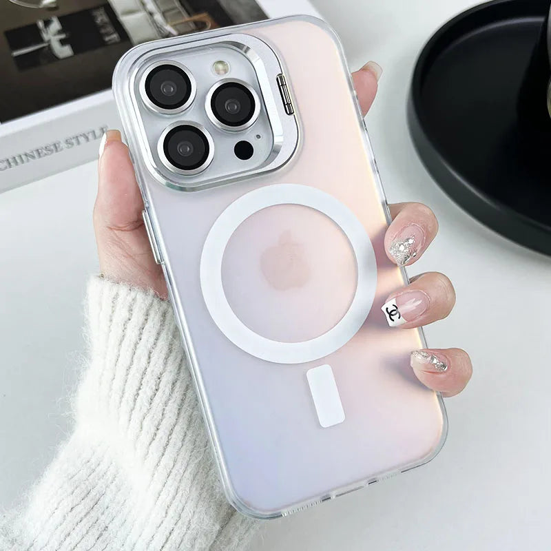 Lens Metal Stand Translucent Case For iPhone