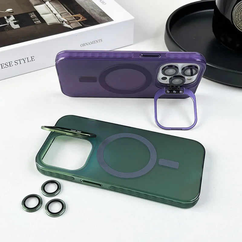 Lens Metal Stand Translucent Case For iPhone