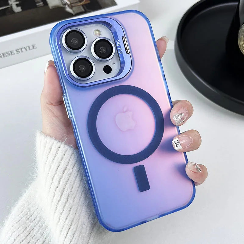 Lens Metal Stand Translucent Case For iPhone