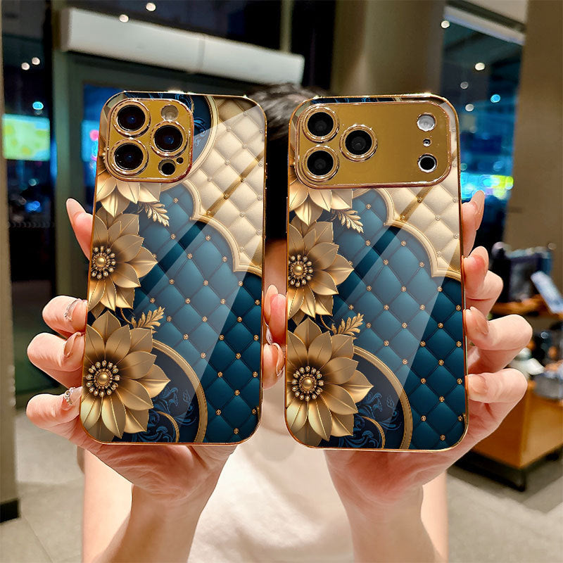 Dark Blue Plaid Golden Floral Case for iPhone