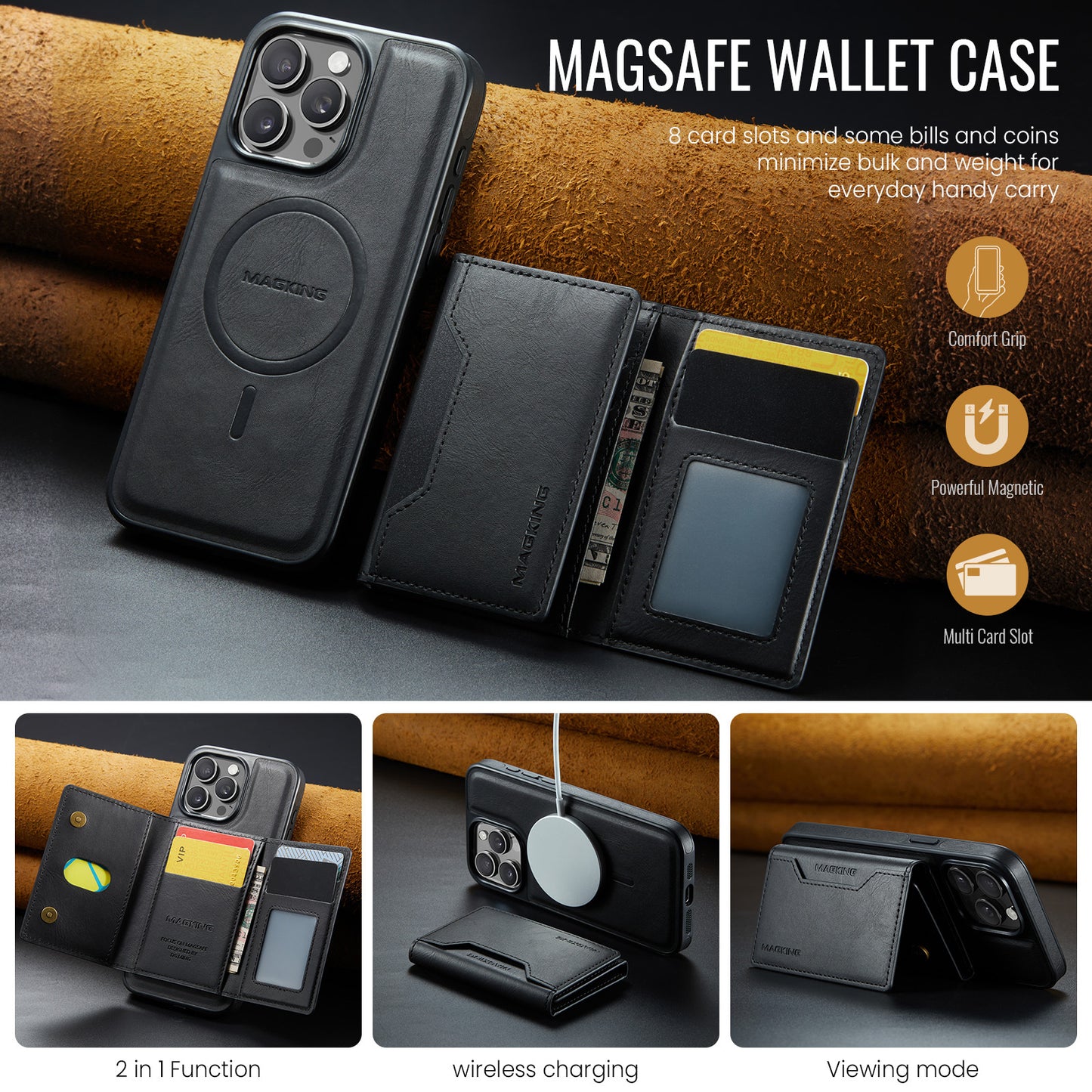 2 in 1 Magnetic Leather Wallet Case for iPhone