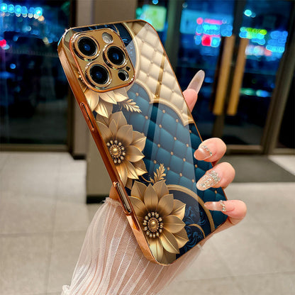 Dark Blue Plaid Golden Floral Case for iPhone