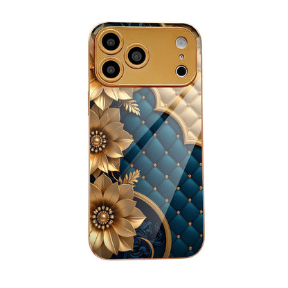 Dark Blue Plaid Golden Floral Case for iPhone