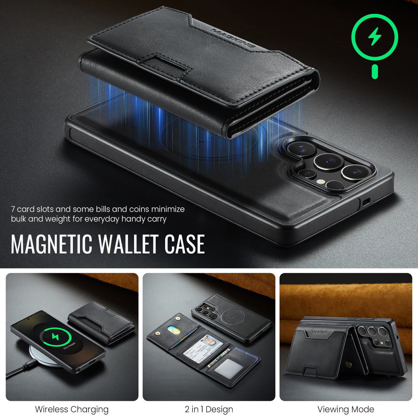 2 in 1 Magnetic Leather Wallet Case for Samsung