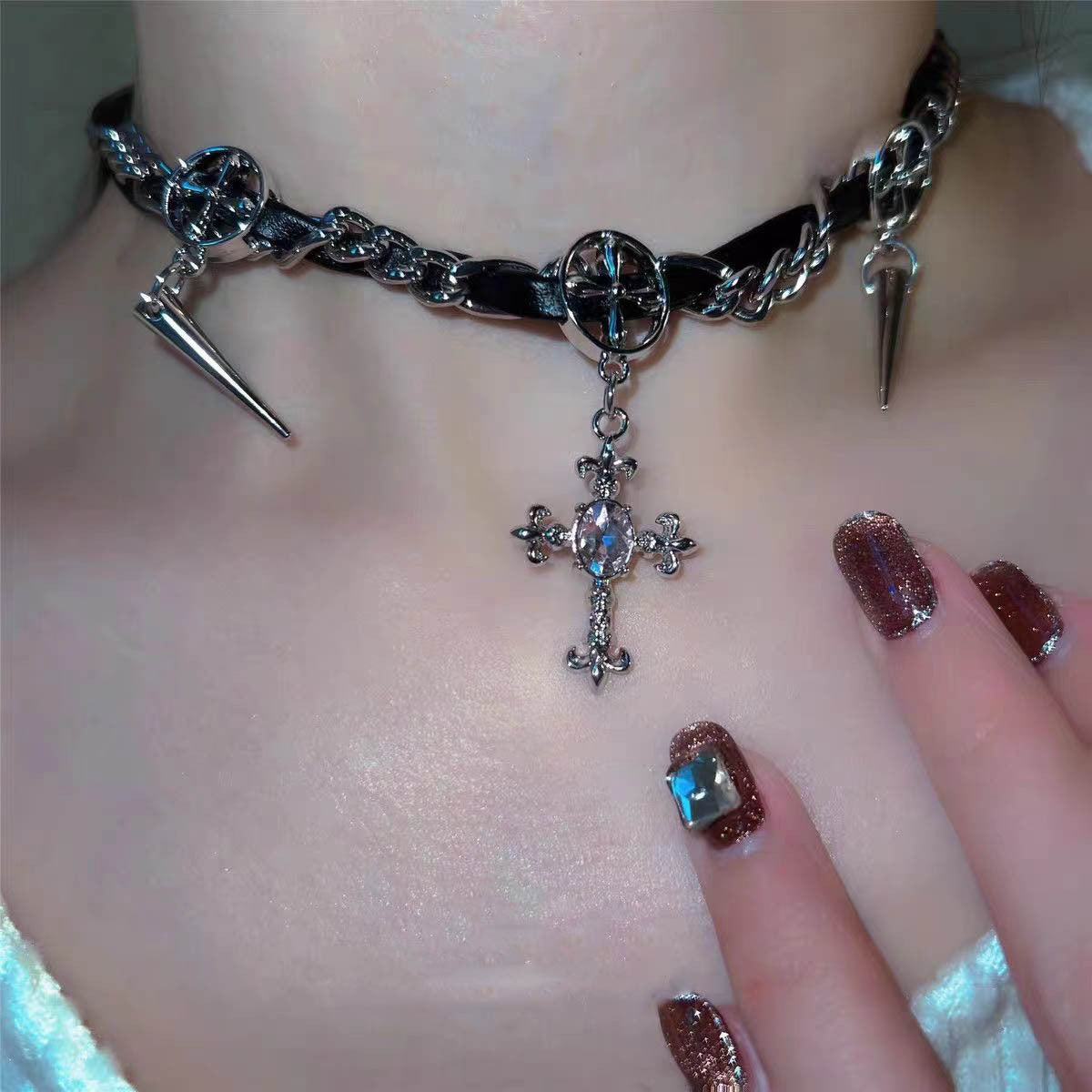 Rivet Cross Leather Necklace