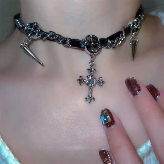 Rivet Cross Leather Necklace