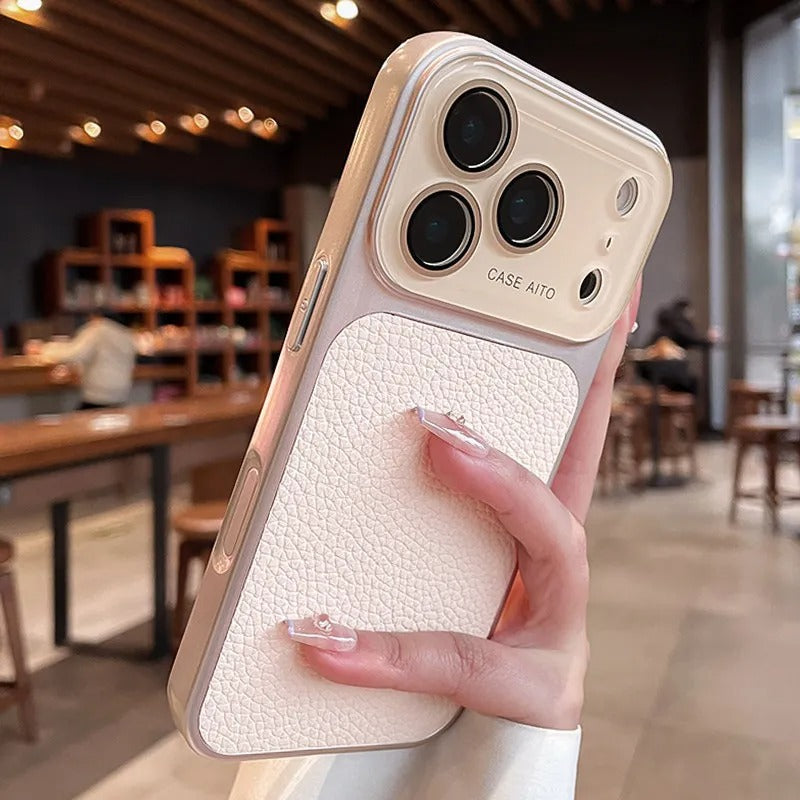Lens Protection Leather-Textured Case for iPhone