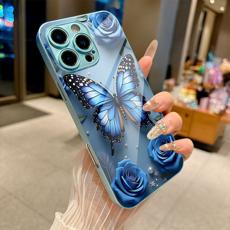Rose-Blue Butterfly Pattern Hard Case for iPhone