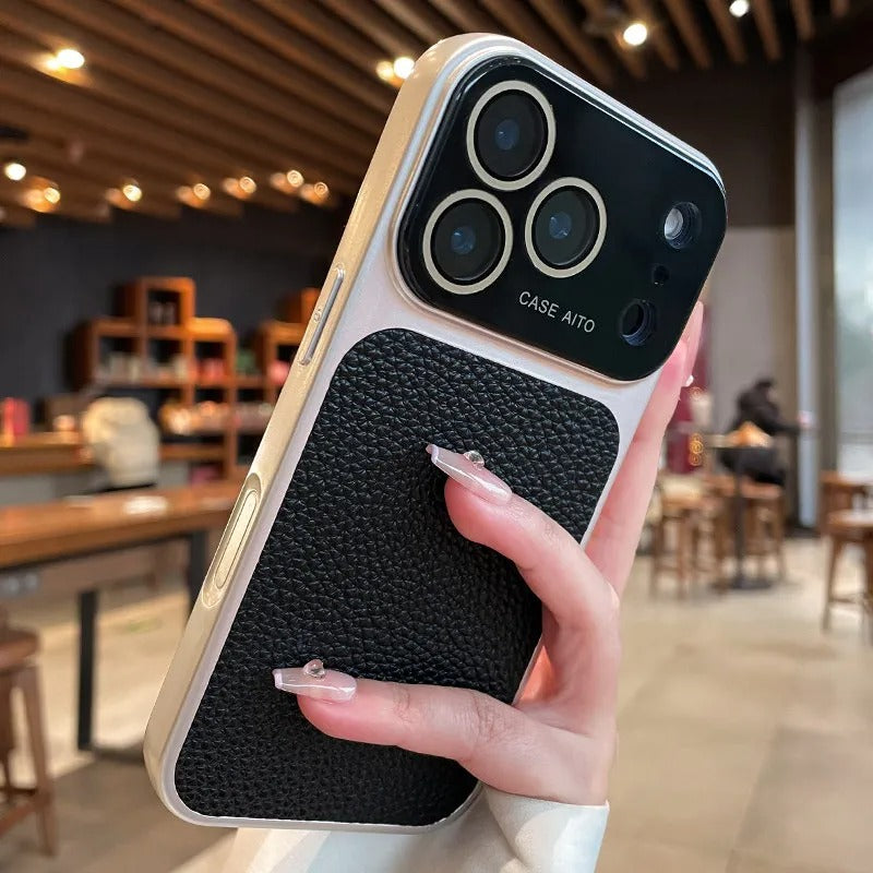 Lens Protection Leather-Textured Case for iPhone