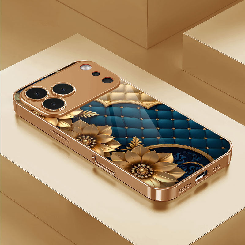Dark Blue Plaid Golden Floral Case for iPhone