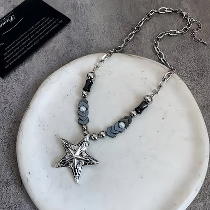 Black Silver Beaded Star Necklace