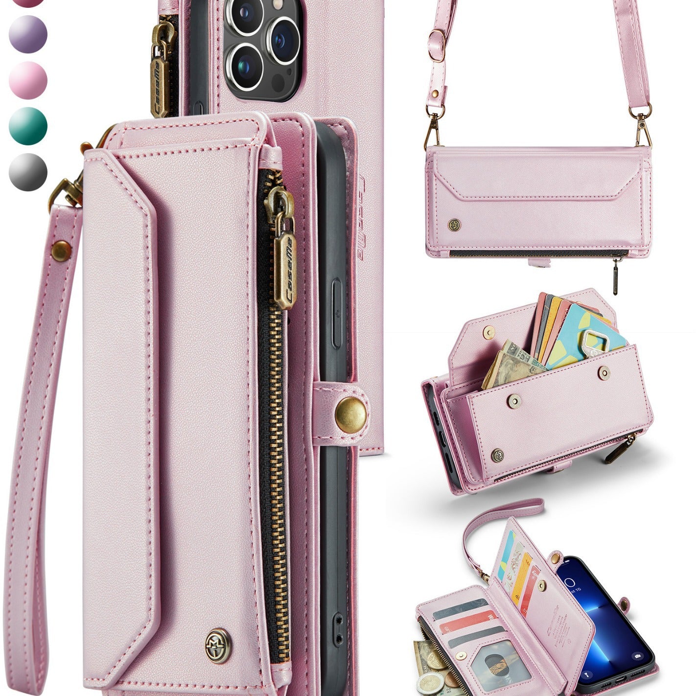 Crossbody Strap Flip Wallet Case for iPhone