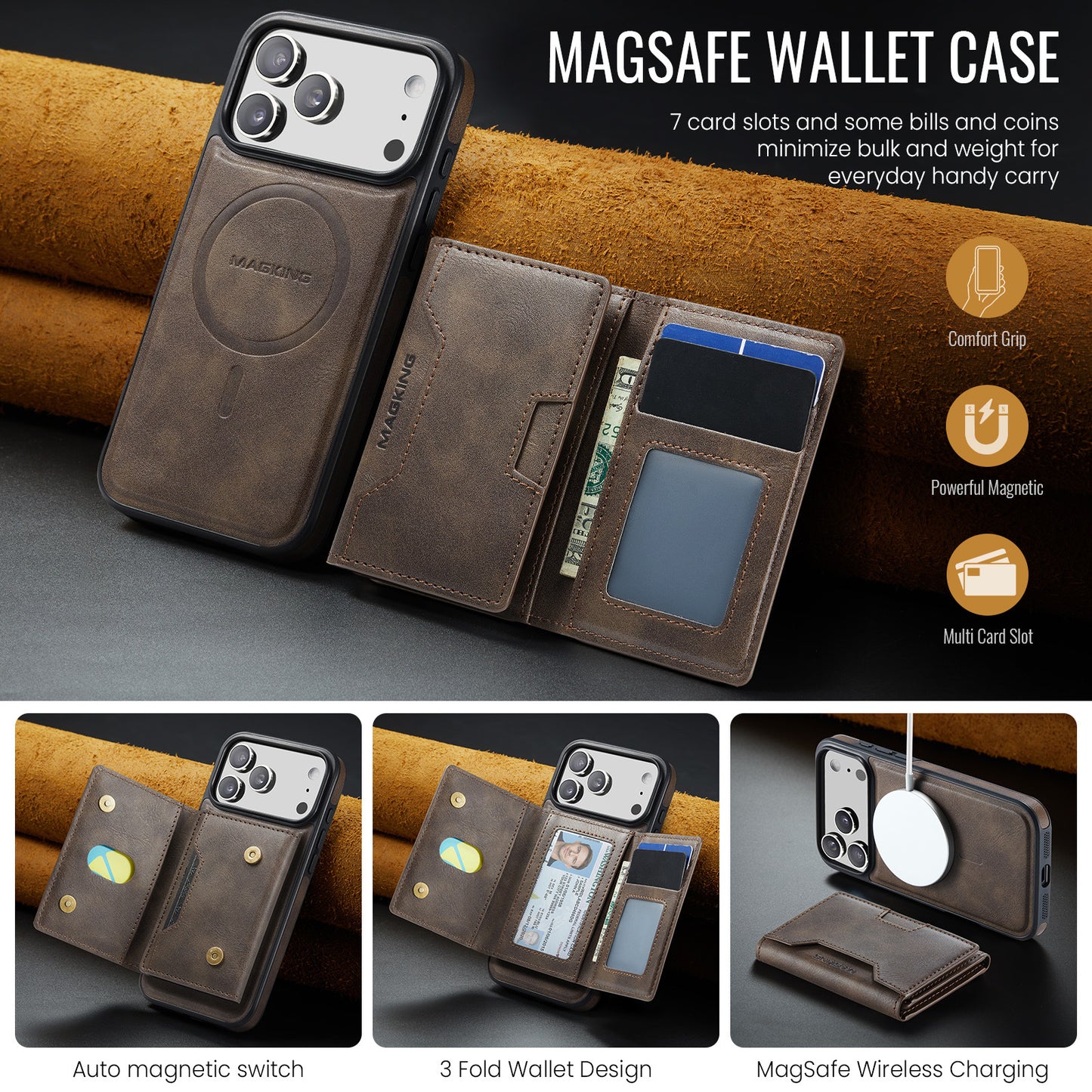 2 in 1 Magnetic Leather Wallet Case for iPhone
