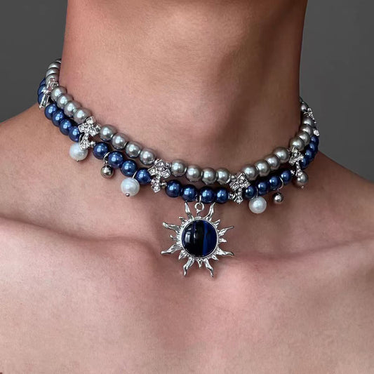 Blazing Sun Cross Double Pearl Necklace