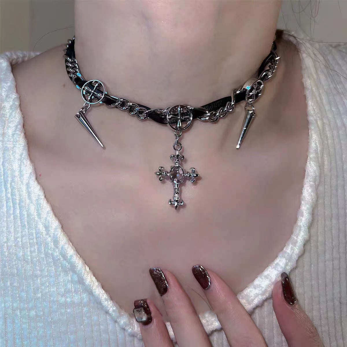 Rivet Cross Leather Necklace