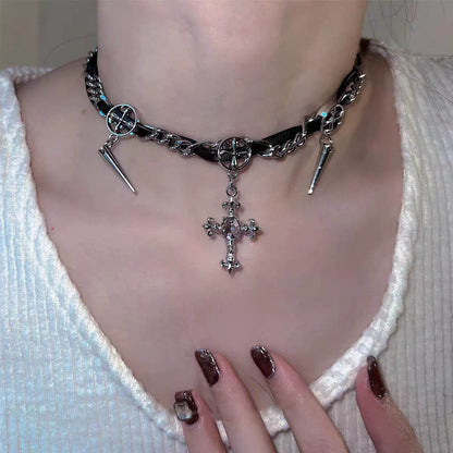 Rivet Cross Leather Necklace