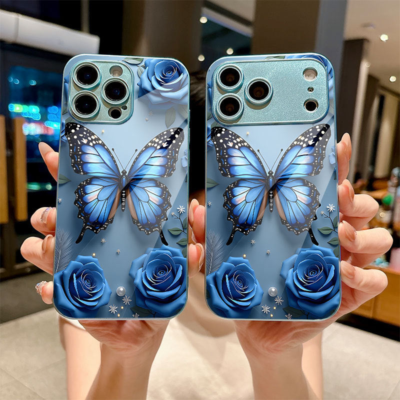 Rose-Blue Butterfly Pattern Hard Case for iPhone
