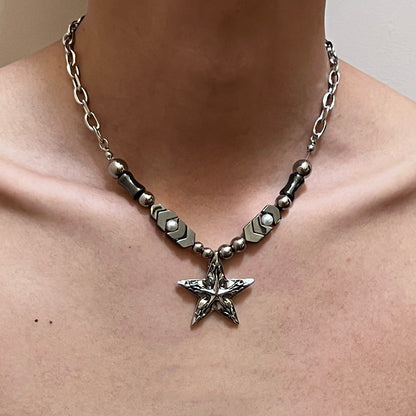 Black Silver Beaded Star Necklace