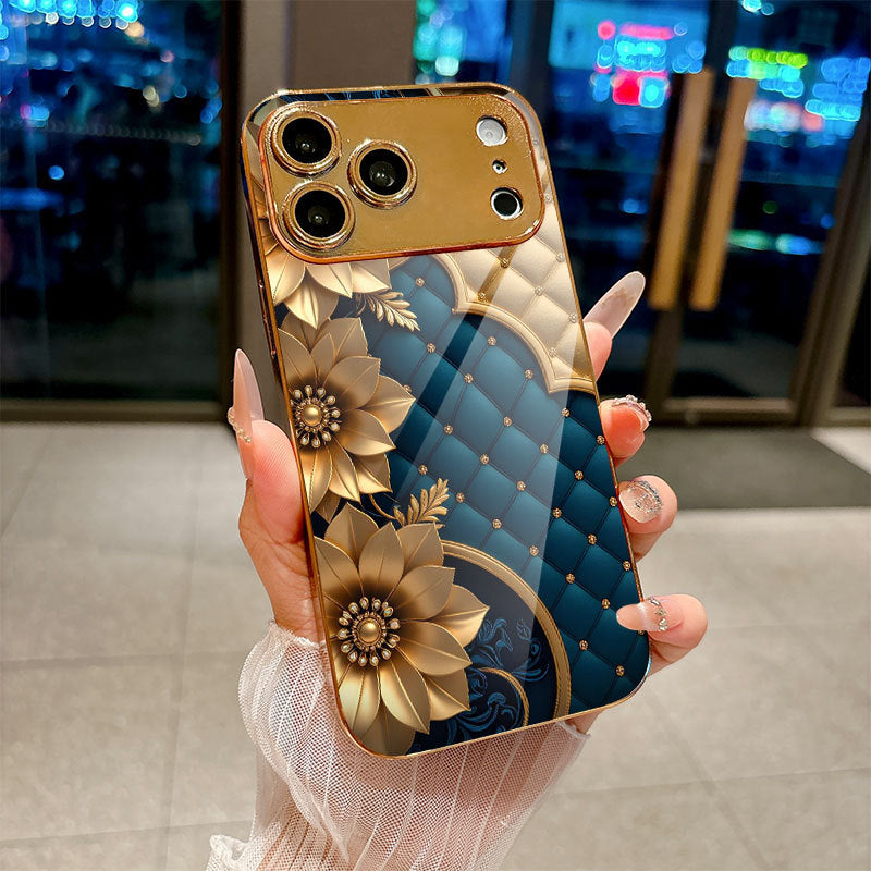 Dark Blue Plaid Golden Floral Case for iPhone