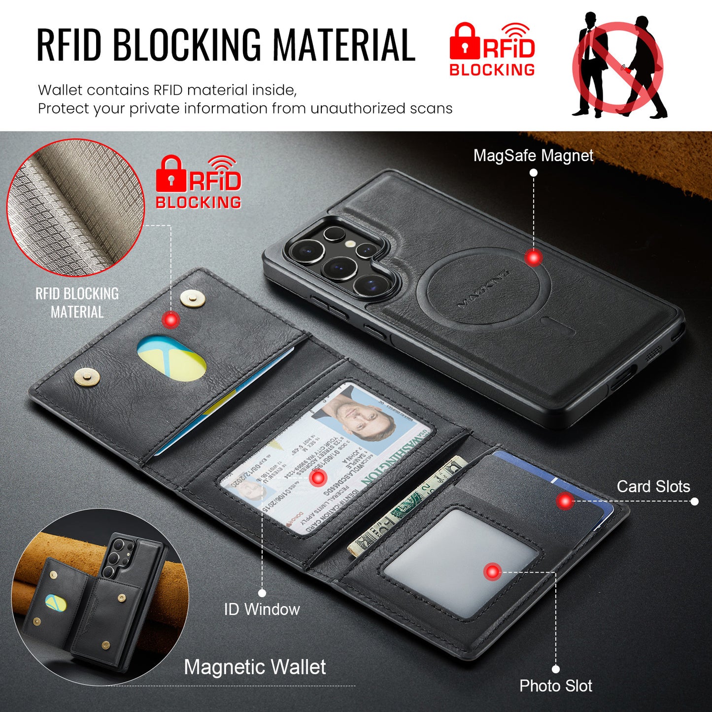 2 in 1 Magnetic Leather Wallet Case for Samsung