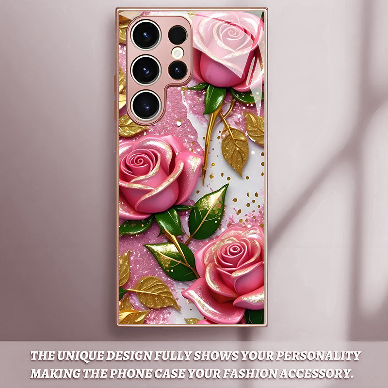 Gold-Pink Rose Pattern Hard Case for Samsung